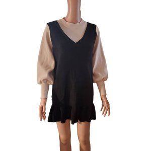 Woman's Victory 2 Puff Sleeve Mini Sweater Dress Black/Ivory Sz S/M Preppy